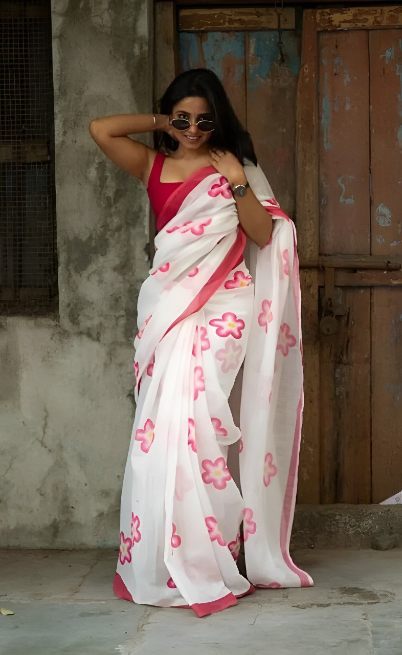 Designer Banzaran Linen Cotton Saree with HD Print & Tassels