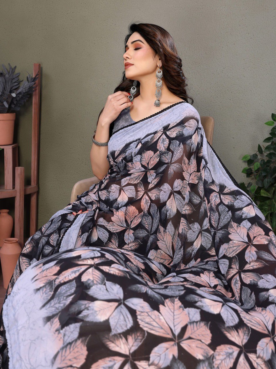 Chiffon Banzaran Floral Soft Chiffon Saree with Floral Mill Print & Elegant Lace Border