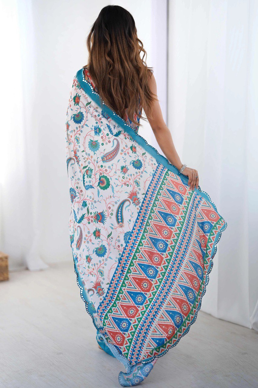Ultra HD Ink high quality Digital printing Mirror work With Arco Border wax finishing in saree