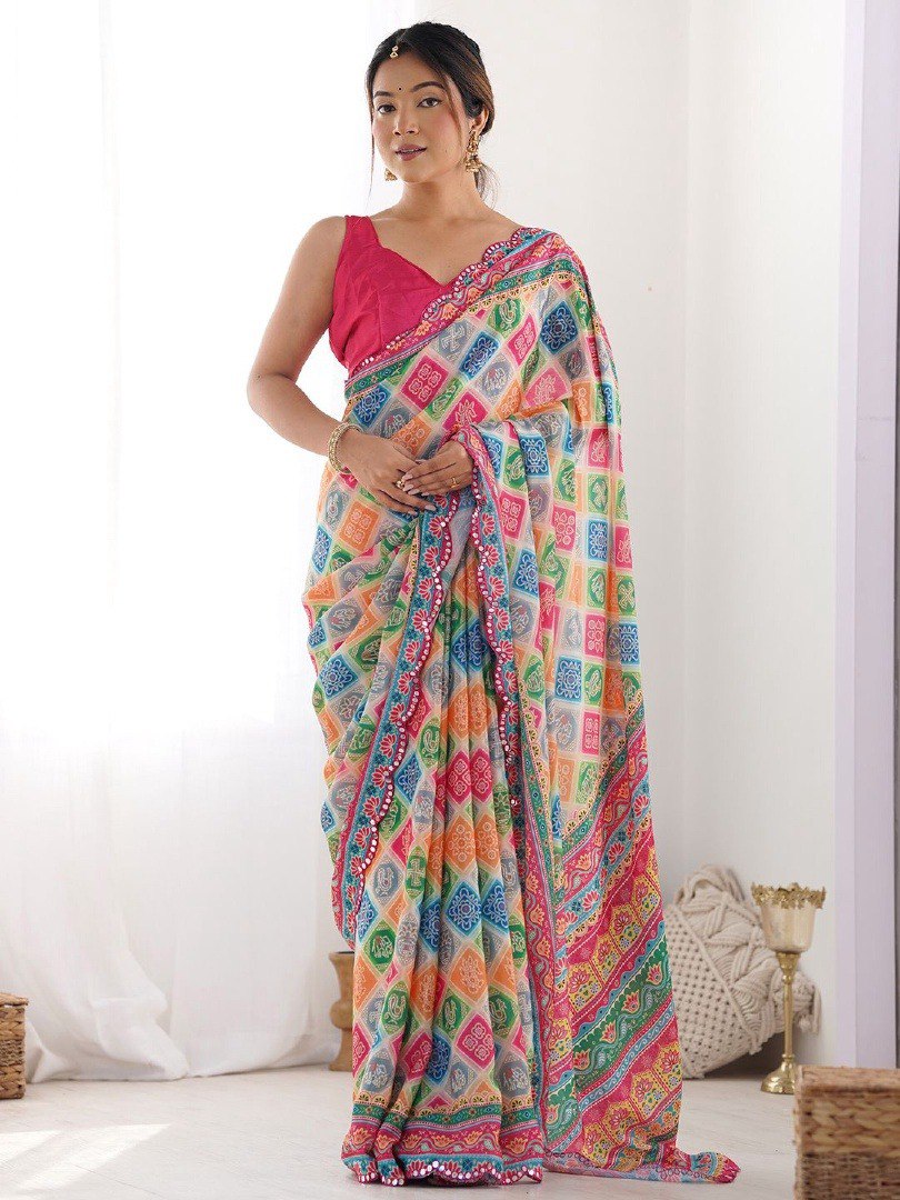 Banzaran Pure Soft Georgette Digital Print Saree with Mirror Work