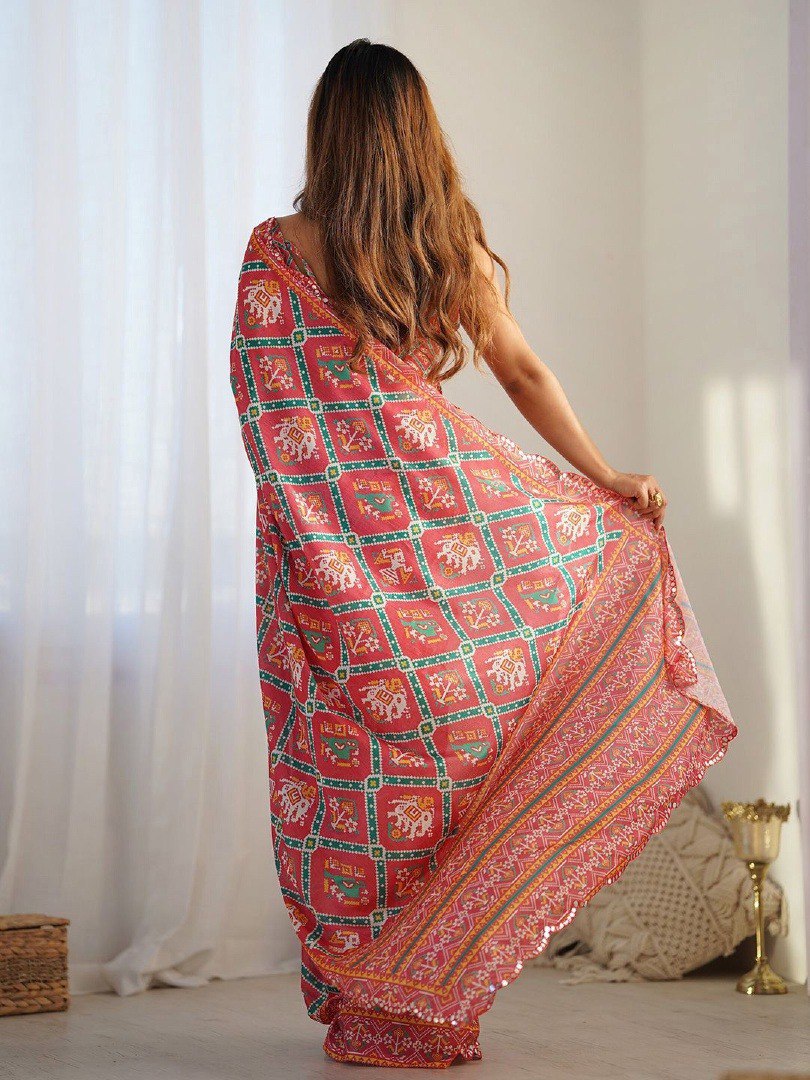 Ultra HD Ink high quality Digital printing Mirror work With Arco Border wax finishing in saree