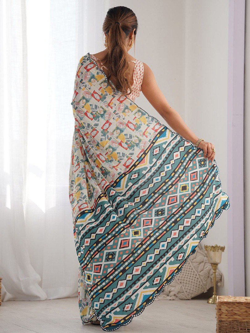 Ultra HD Ink high quality Digital printing Mirror work With Arco Border wax finishing in saree