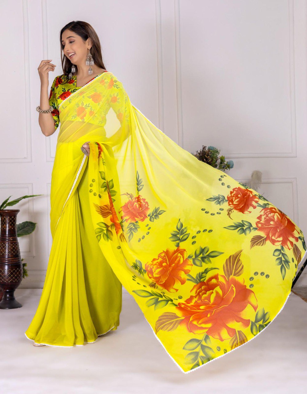 Flower Peddling High Quality Mill Printing with wax finishing in saree