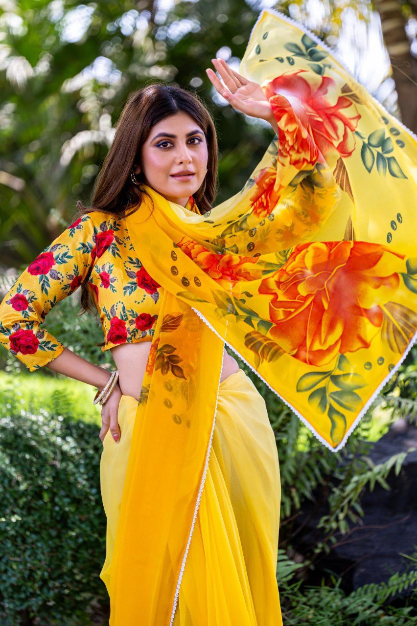 Flower Peddling High Quality Mill Printing with wax finishing in saree