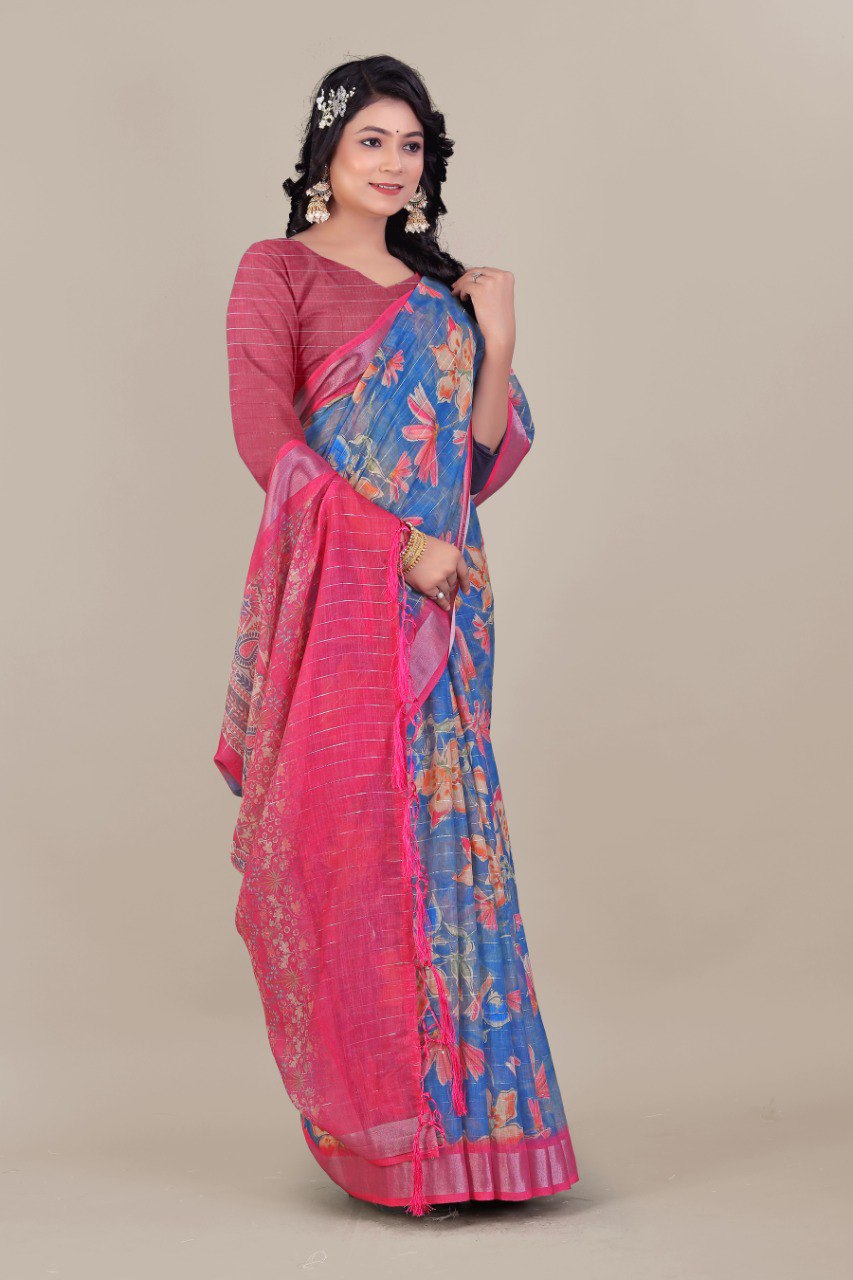 Pure Linen Cotton all Over Silver Lurex jari line with 3 × 3 Silver jari Borders