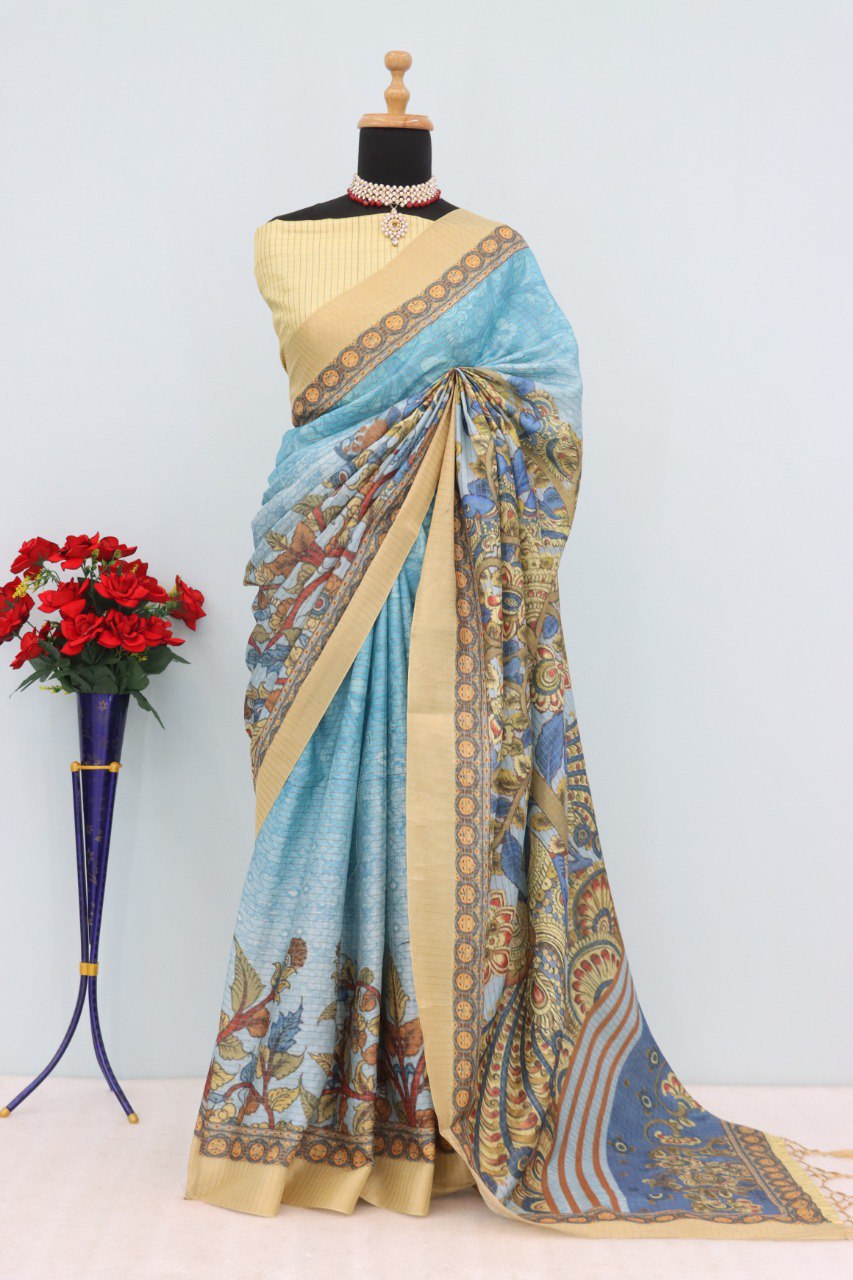 Ultra HD Ink high quality Digital printing with hand made Jalar on Pallu wax finishing in saree