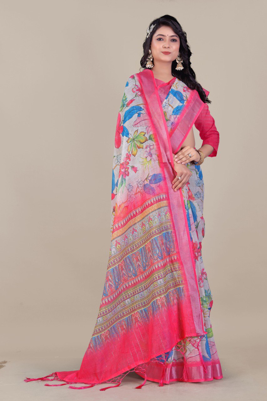 Pure Linen Cotton all Over Silver Lurex jari line with 3 × 3 Silver jari Borders