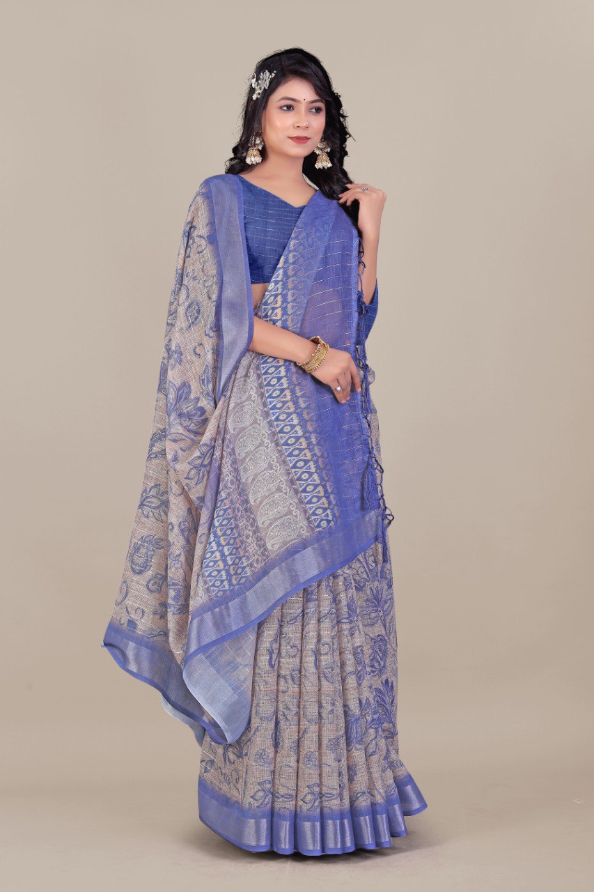 Pure Linen Cotton all Over Silver Lurex jari line with 3 × 3 Silver jari Borders