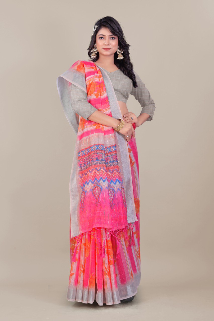 Pure Linen Cotton all Over Silver Lurex jari line with 3 × 3 Silver jari Borders