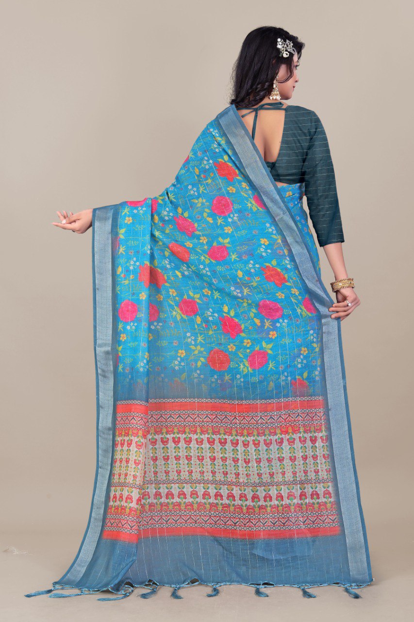 Pure Linen Cotton all Over Silver Lurex jari line with 3 × 3 Silver jari Borders