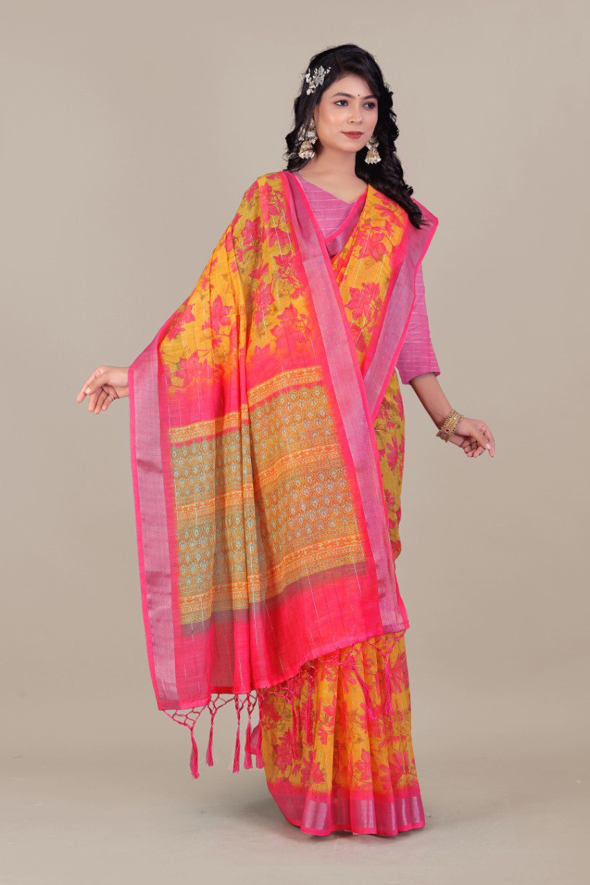 Ultra HD Ink high quality Digital printing with hand made Jalar on Pallu wax finishing in saree