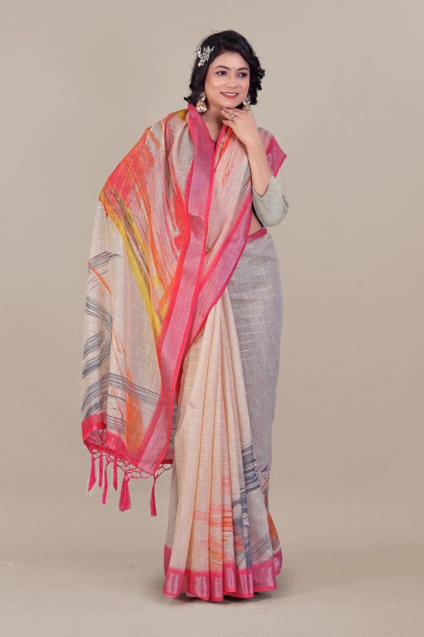 Pure Linen Cotton all Over Silver Lurex jari line with Silver jari Borders