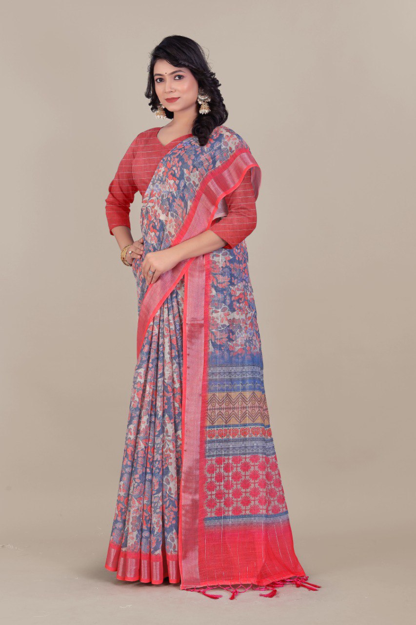 Banzaran  Designer Linen Cotton Saree with Silver Lurex Weave & Handmade Zalar