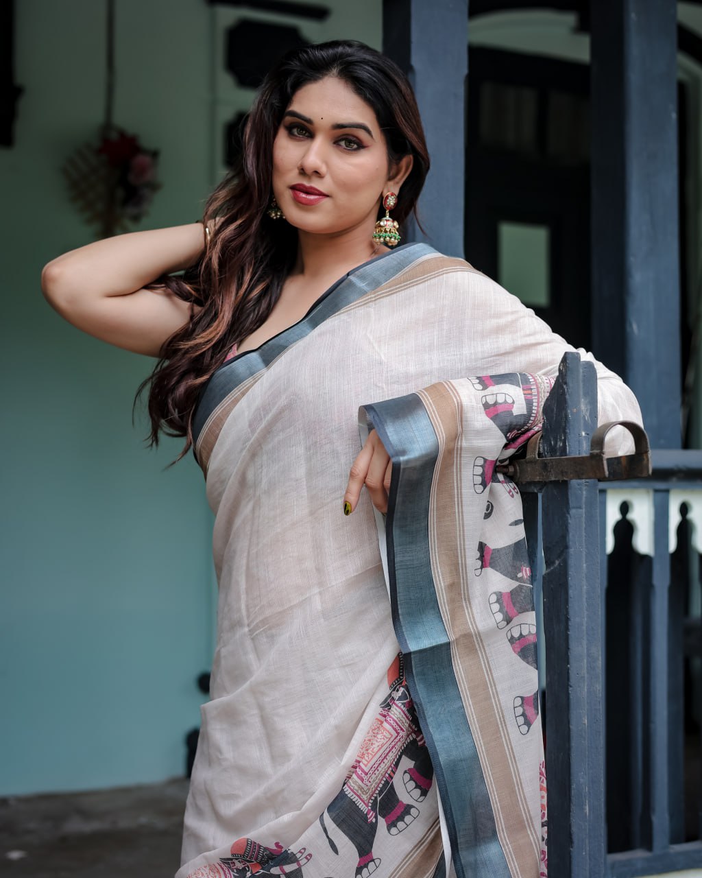Traditional Off-White Linen Cotton Saree with Elephant Print saree