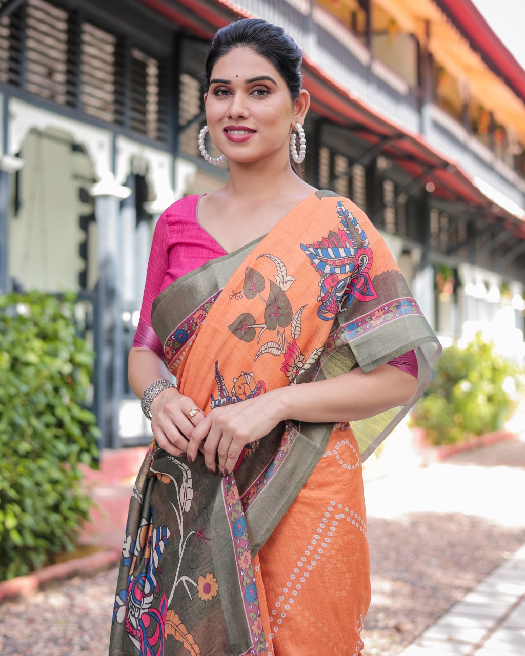 Vibrant Orange Bandhani & Kalamkari Fusion Print Linen Cotton Saree