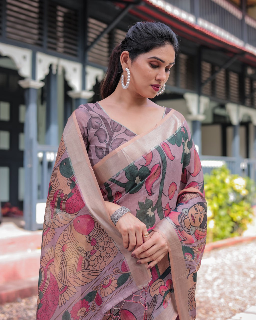 Premium Madhubani Print Linen Cotton Saree