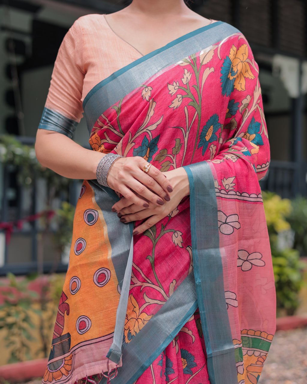 remium Festive Multicolor Artistic Print Linen Cotton Saree