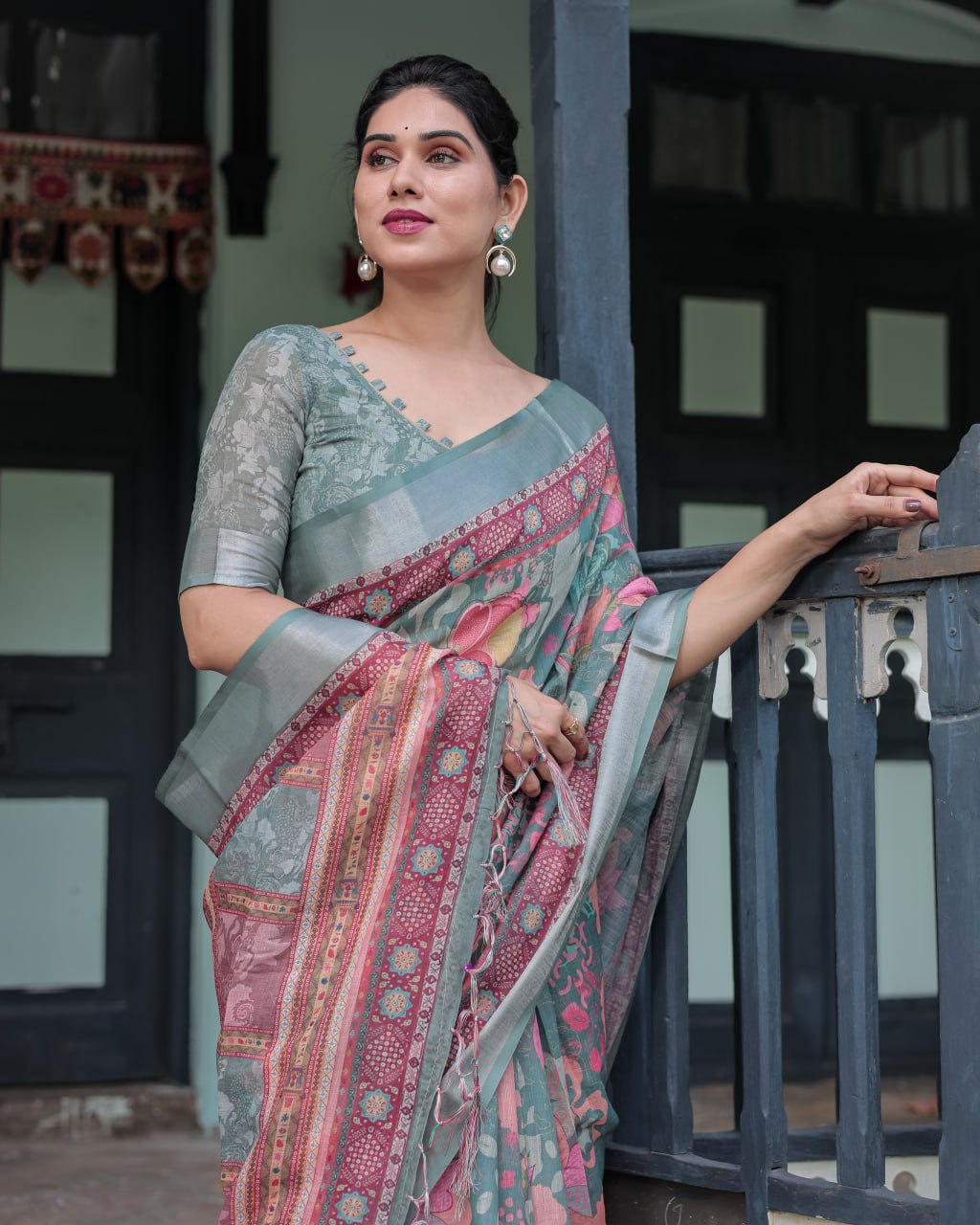 Premium Multi-Color Ethnic Print Linen Cotton Saree