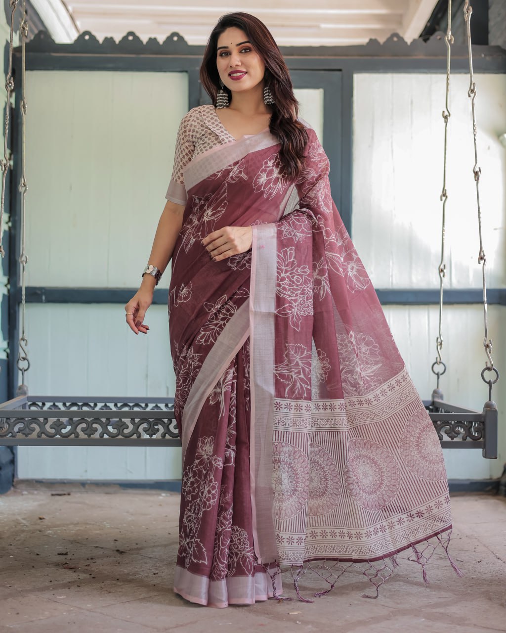 Premium Maroon Floral Linen Cotton Saree
