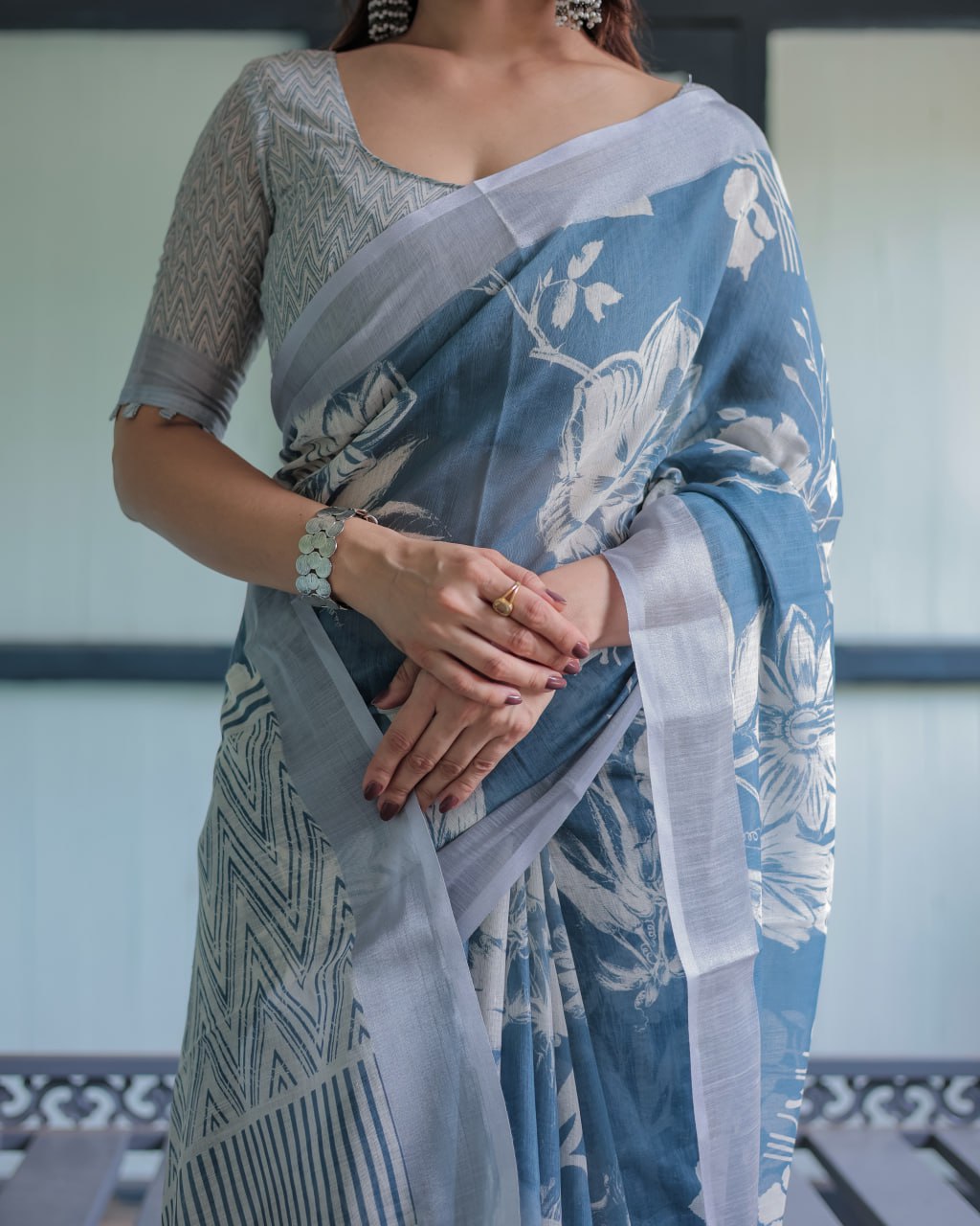 Premium Blue Floral Linen Cotton Saree