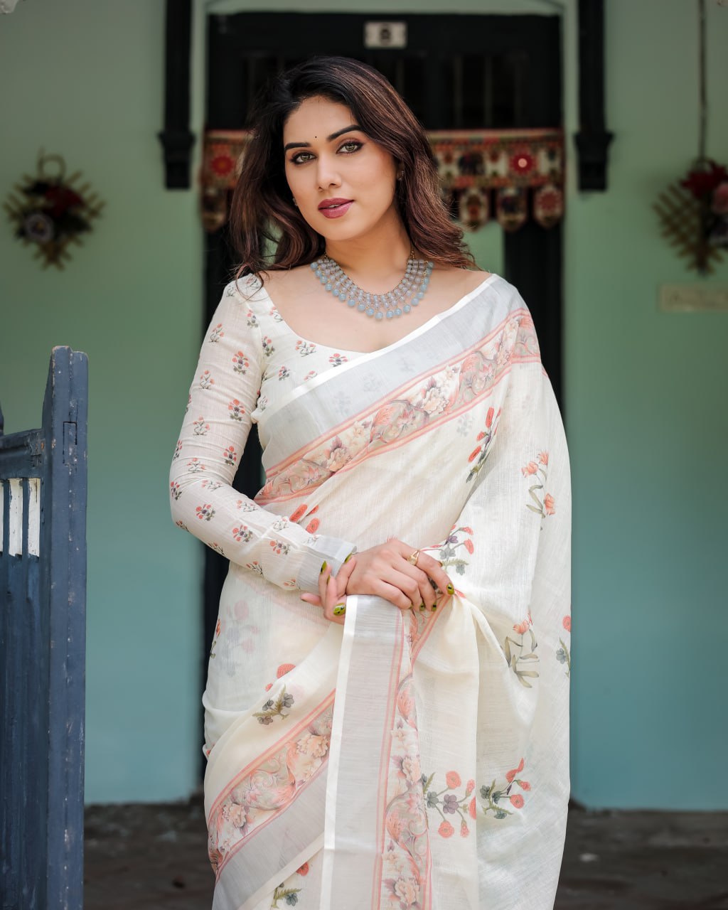 Elegant Floral Linen Cotton Saree