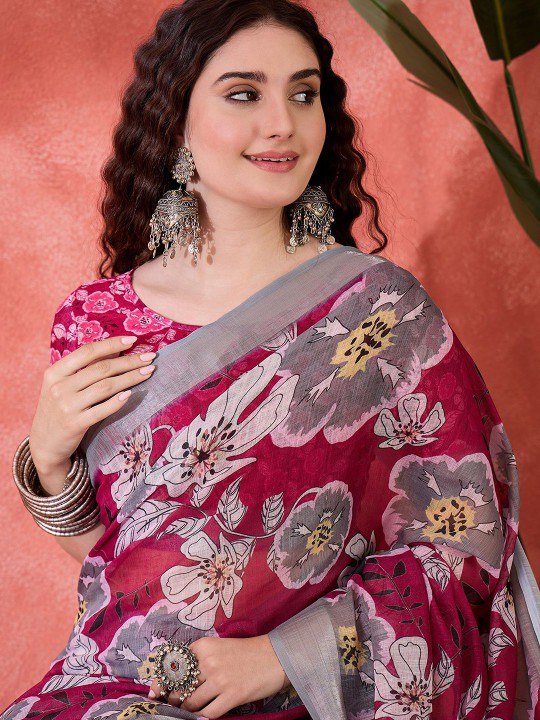 Bold Magenta Floral Digital Print Linen Cotton Saree