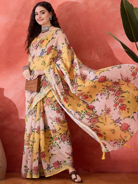 Summer Garden Floral Digital Print Linen Cotton Saree
