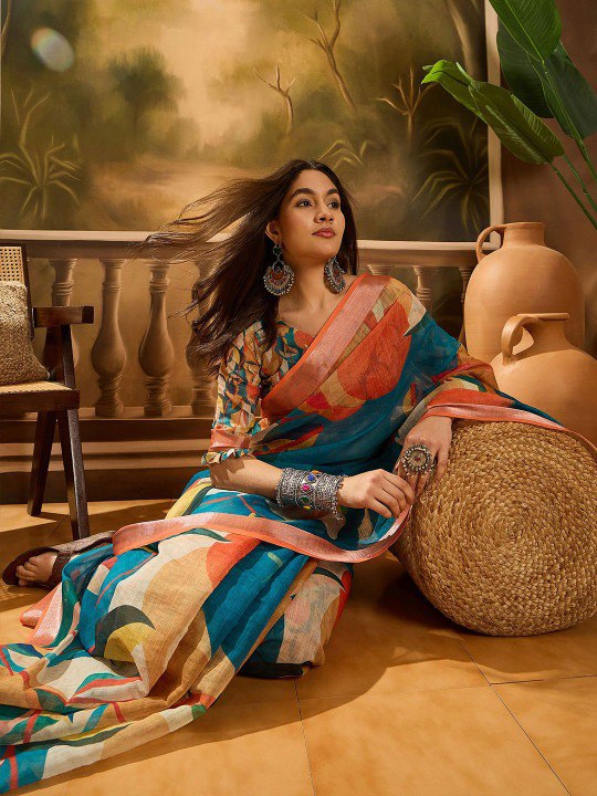 Painterly Abstract Digital Print Linen Cotton Saree