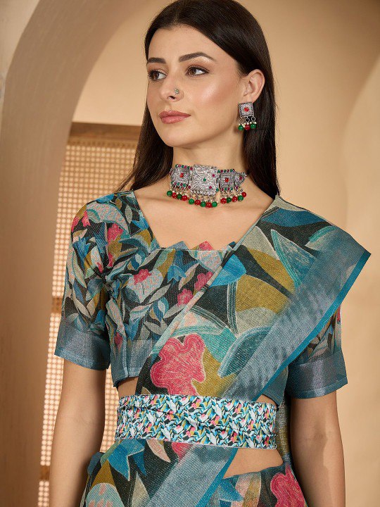 Contemporary Jungle Print Digital Print Linen Cotton Saree