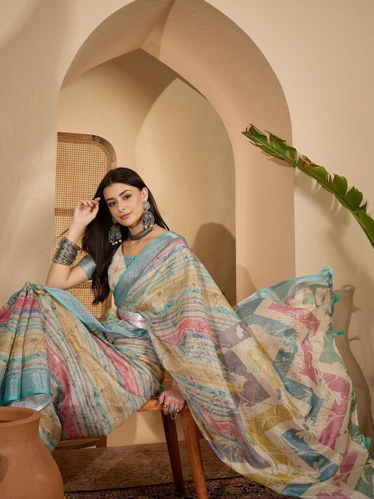 Earthy Abstract Digital Print Linen Cotton Saree