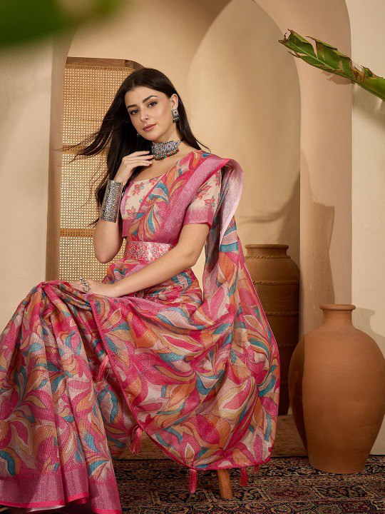 Vibrant Artistic Digital Print Linen Cotton Saree