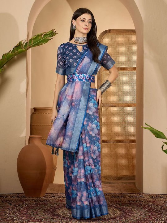 Deep Blue Floral Digital Print Linen Cotton Saree