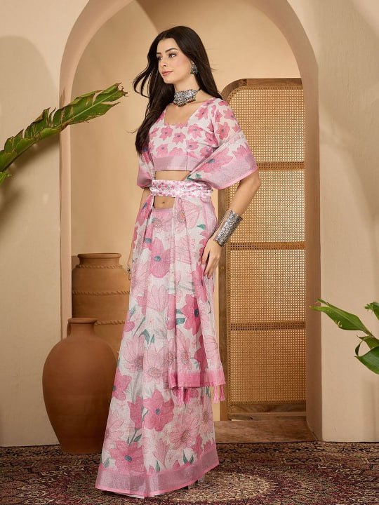 Bold Floral Digital Print Linen Cotton Saree