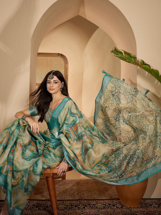 Aqua Marble Digital Print Linen Cotton  Saree