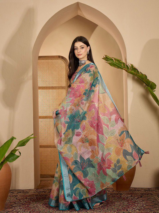 Elegant Teal Floral Weave Linen Cotton Saree