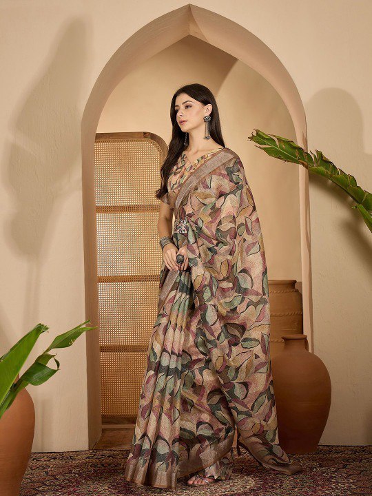 Soft Pink Floral Linen Cotton Saree