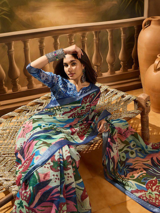 Elegant Blue Floral Digital Print Saree