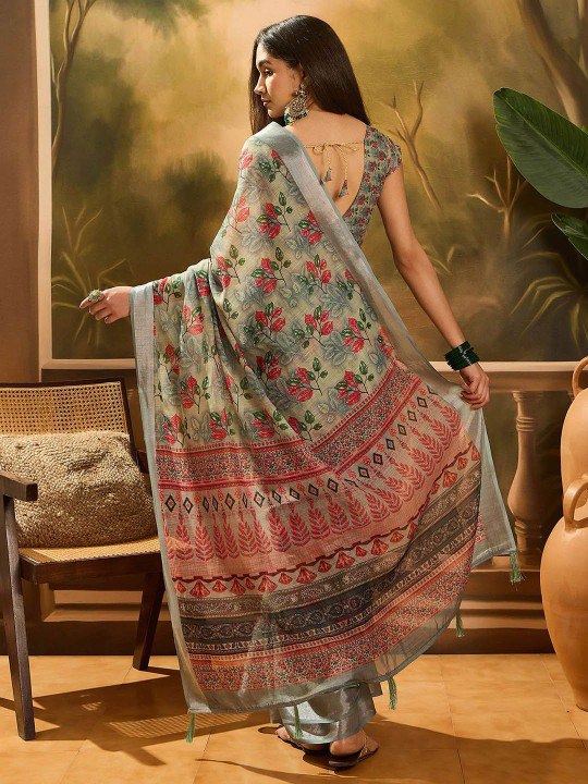 Sage Floral Ethnic Linen Cotton Saree