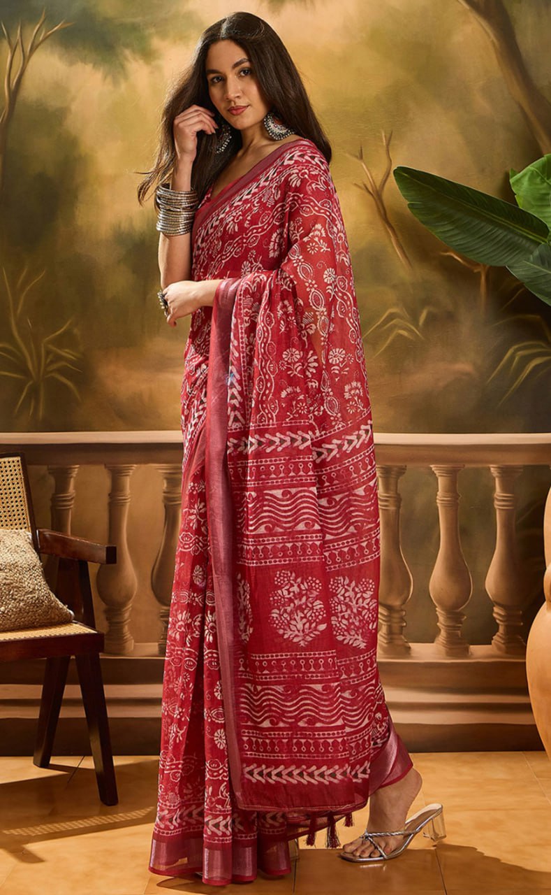 Linen Cotton - Crimson Block Saree