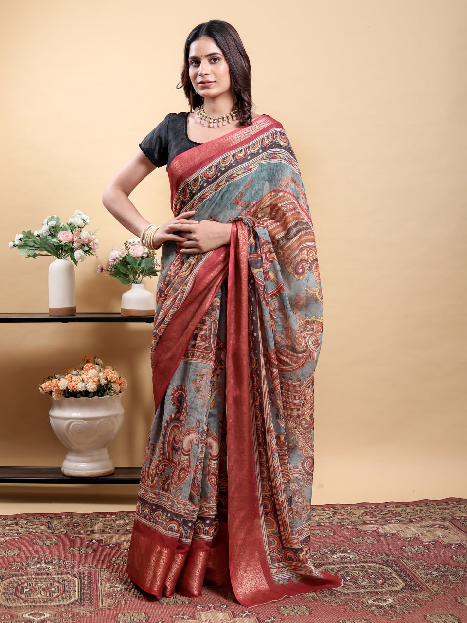 Artistic Grey Kalamkari Saree with Patola Print and Contrast Maroon Border