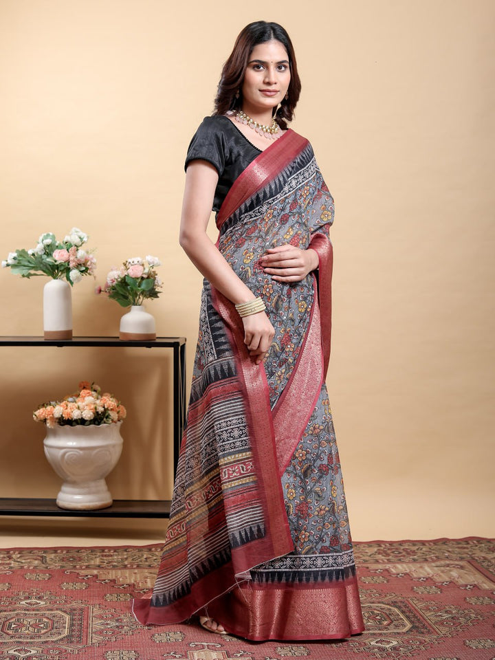 Elegant Grey Traditional Print Saree with Contrast Maroon Zari Border