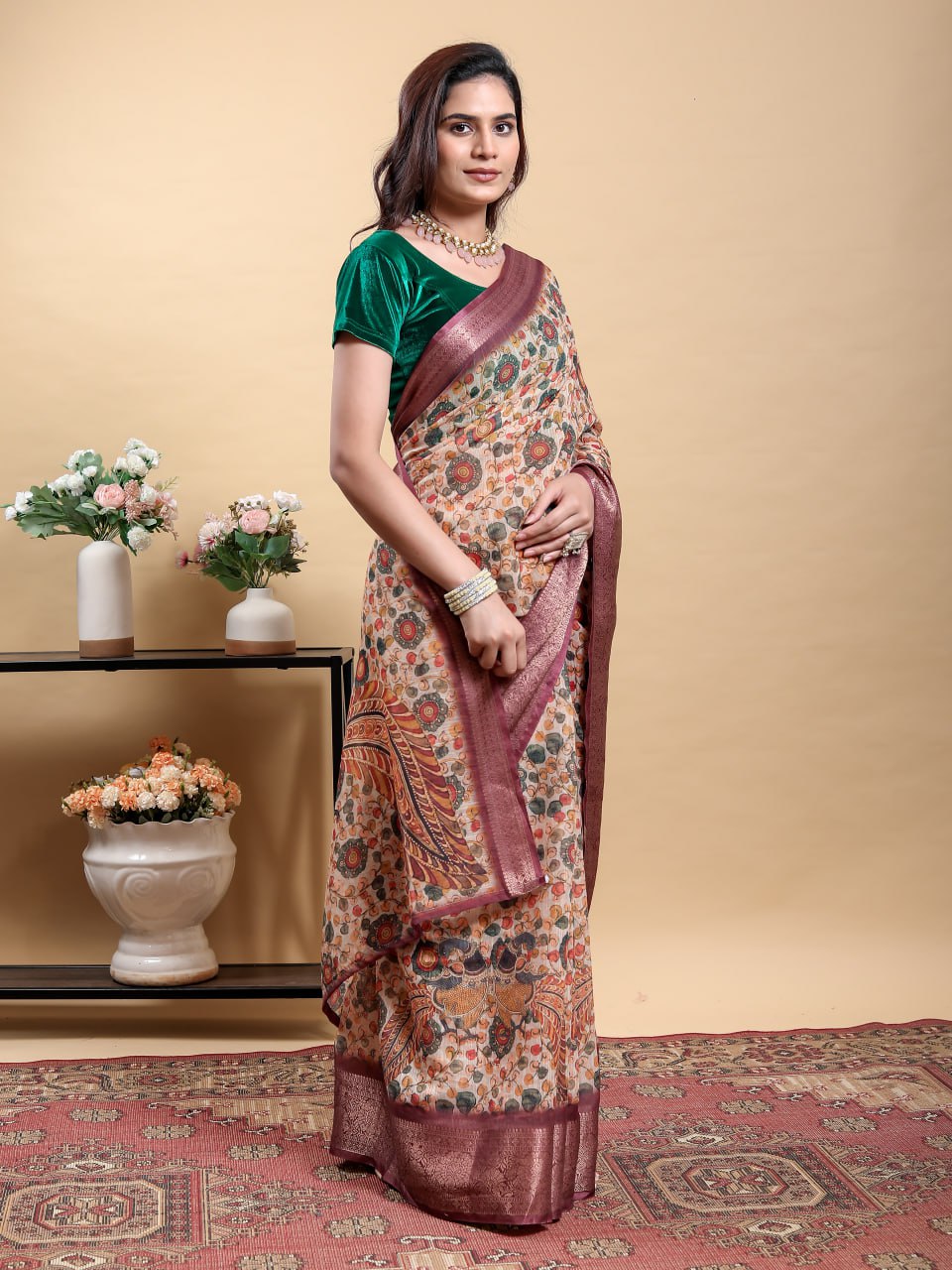 Elegant Peach/Beige Kalamkari Saree with Peacock Print and Maroon Border