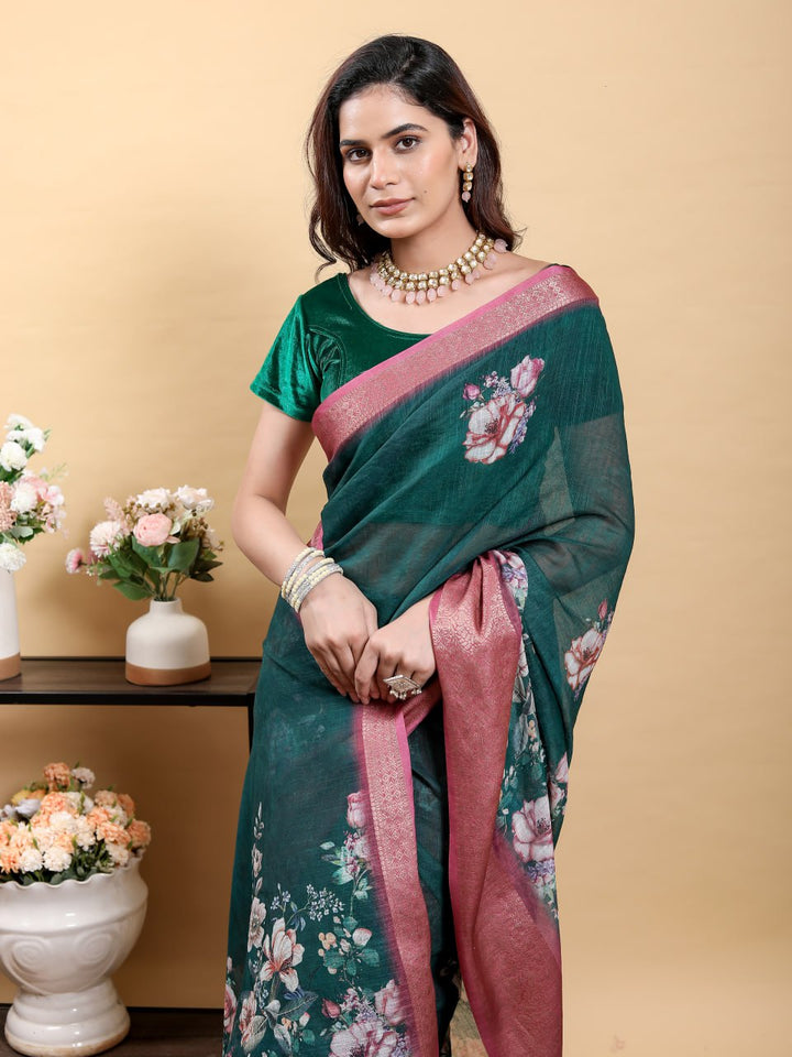 Stunning Teal Floral Saree with Contrast Pink/Maroon Zari Border
