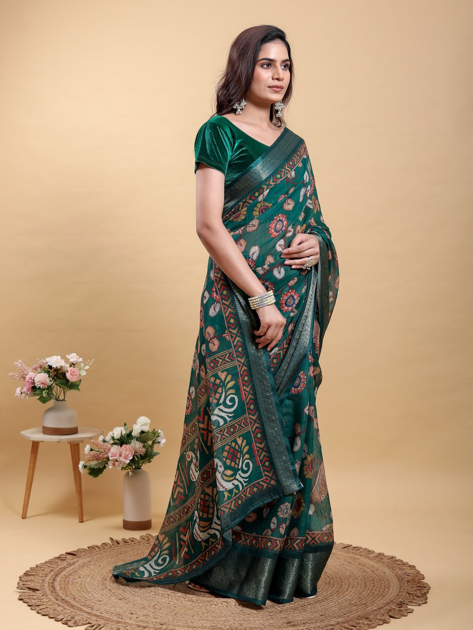 Elegant Forest Green Patola/Pochampally Print Saree with Zari Border