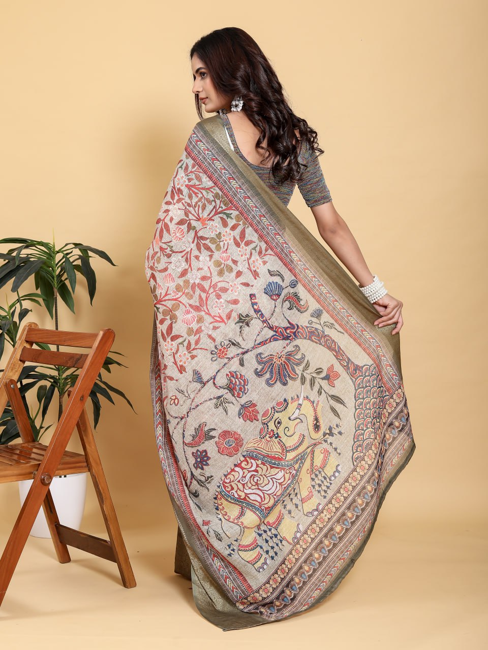Elegant Beige Kalamkari Print Saree with Olive Green Zari Border
