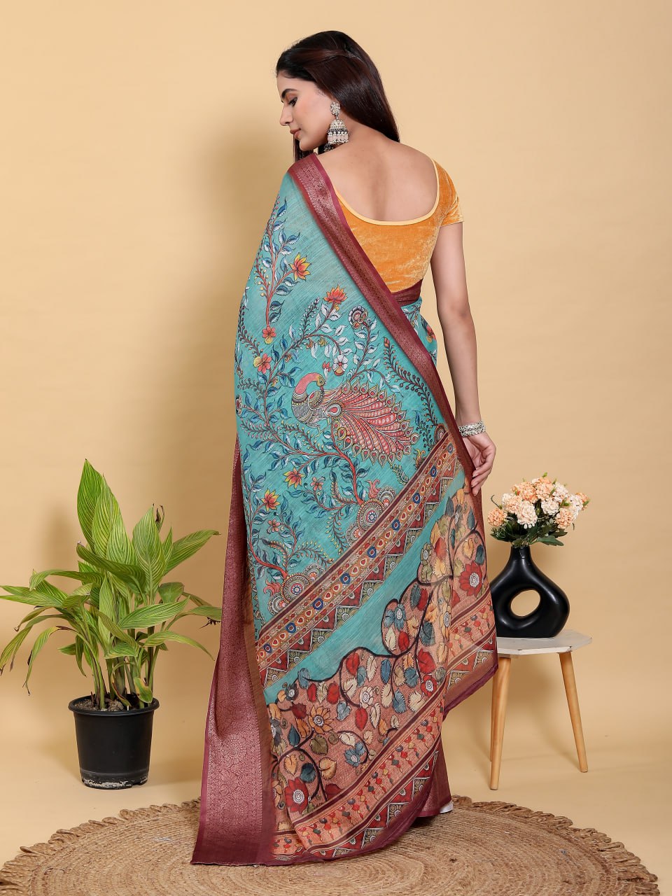 Aqua Teal Peacock Print Linen Cotton Saree