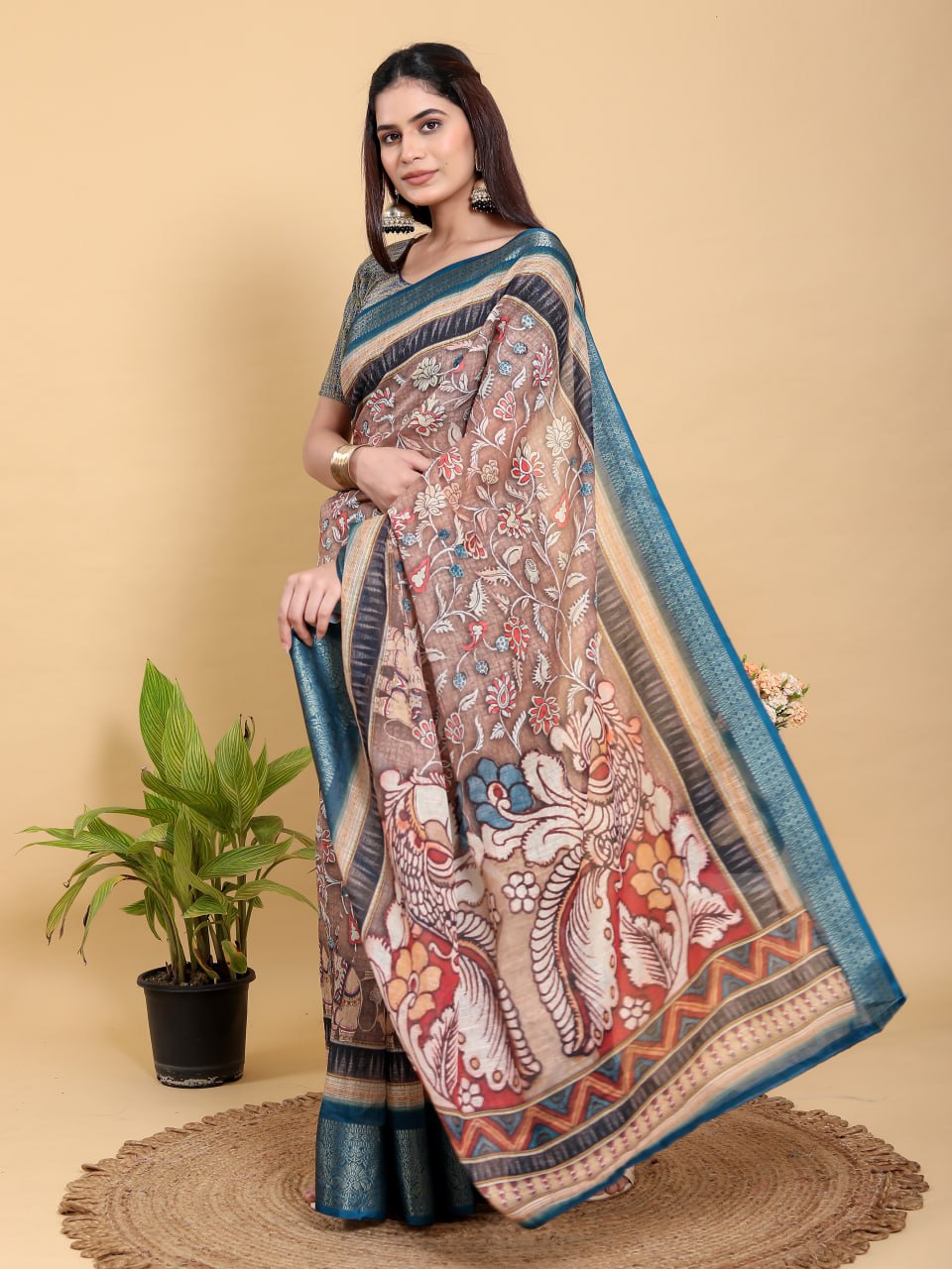 Heritage Brown & Teal Artistic Linen Cotton Saree