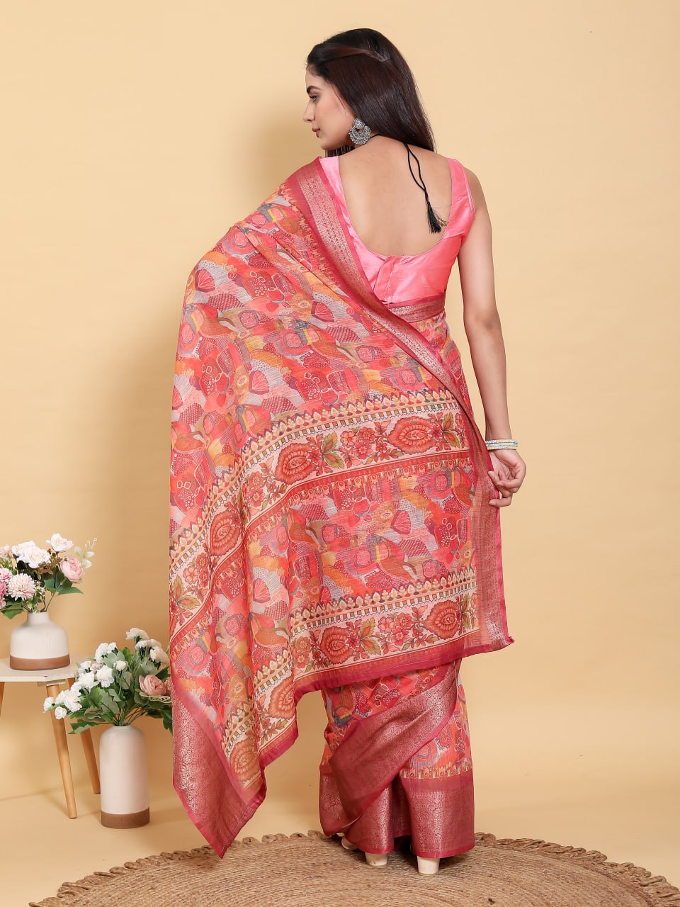 Bold Red Artistic Print Linen Cotton Saree