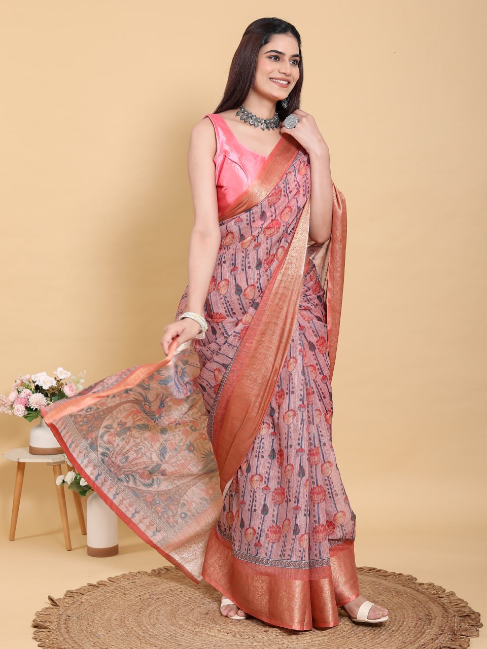 Mauve Floral Print Linen Cotton Saree