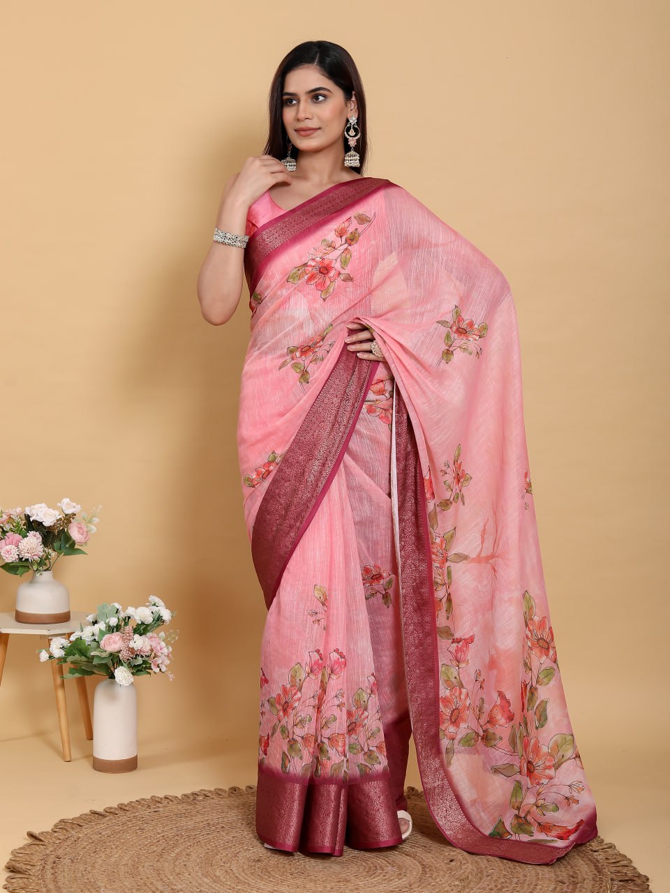 Sunset Pink Abstract Floral Print Linen Cotton Saree